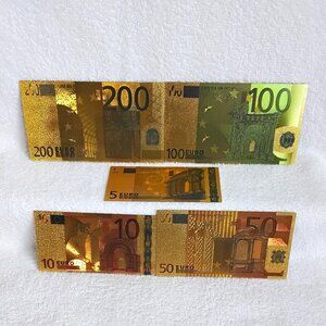 Set of 5 Golden Foil Novelty Euro Banknotes (Not Legal Tender)!!